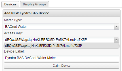 Screenshot of Eyedro BAS Device Access Key