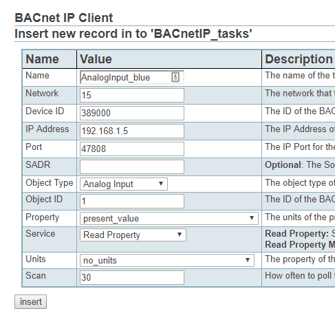 Screenshot of Adding BACnet IP tasks