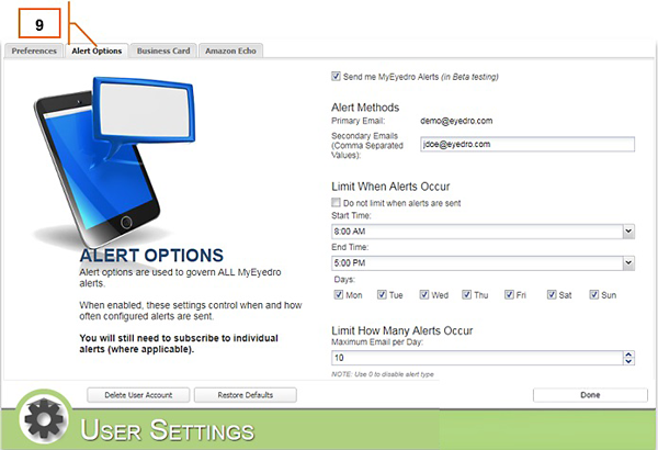 MyEyedro User Settings Alert Options Tab