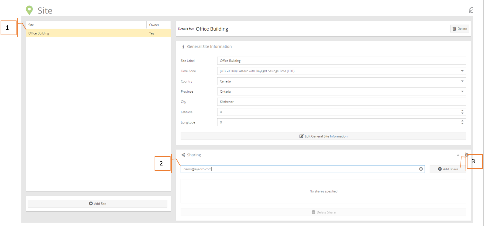 Numbered image showing the steps of how to share a site with another user.