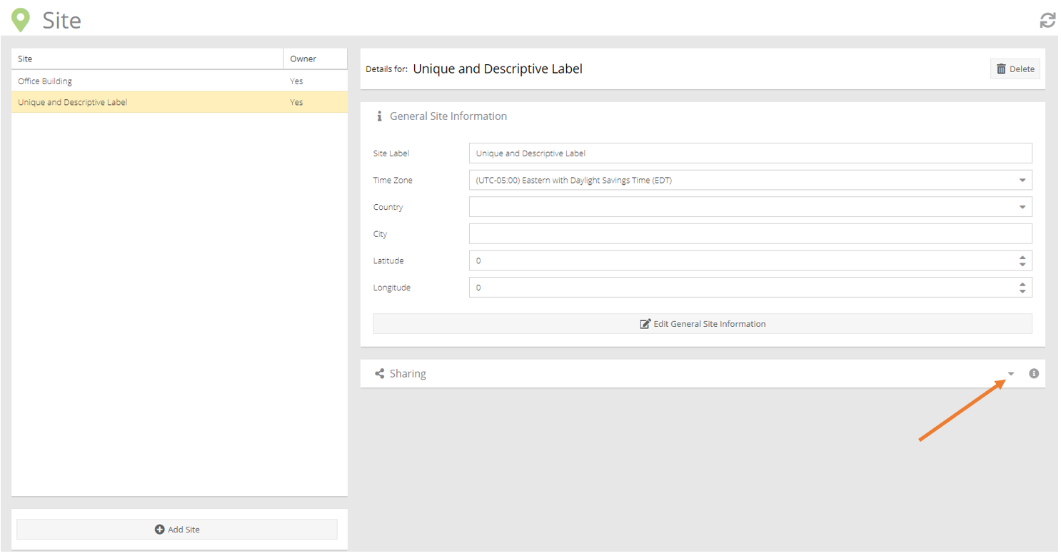 Site configuration page with an arrow pointing to the button to expand the share section of the site page.