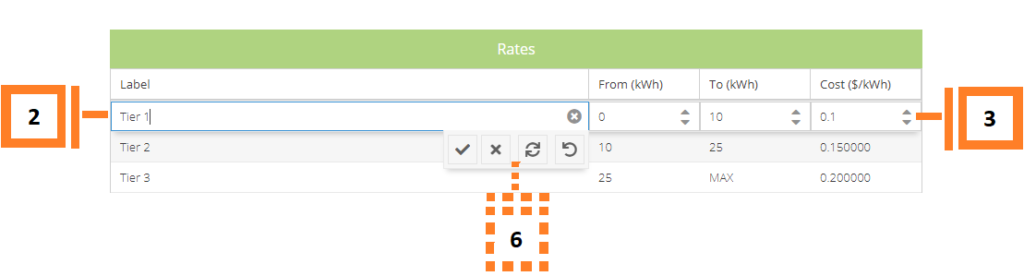 Numbered example of how to edit the rows of the daily tiered rate profile.