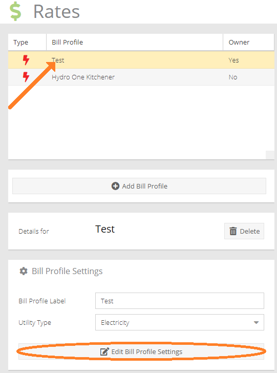 Image showing the user to select a bill profile they wish to edit, and then a circle on the button to click so they can edit it.