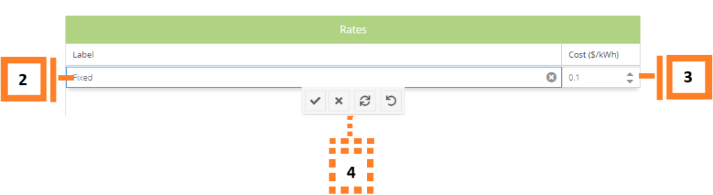 Numbered image of how to edit the rows of the rate profile.