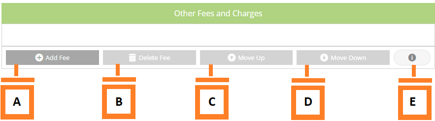 Labeled example of the buttons needed to add/edit/delete fees and charges to match with descriptions