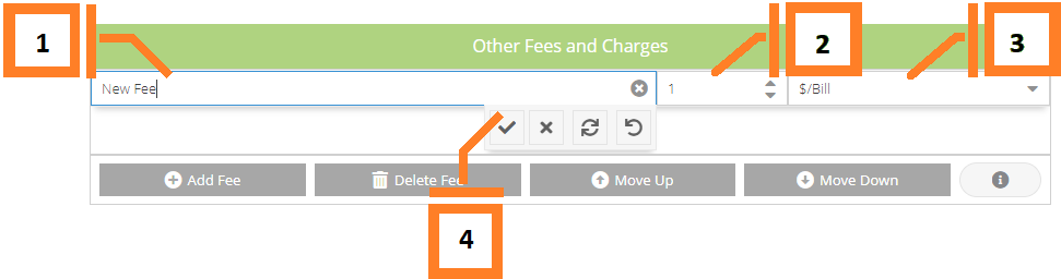 Numbered example of how to edit row values of the fees and charges.