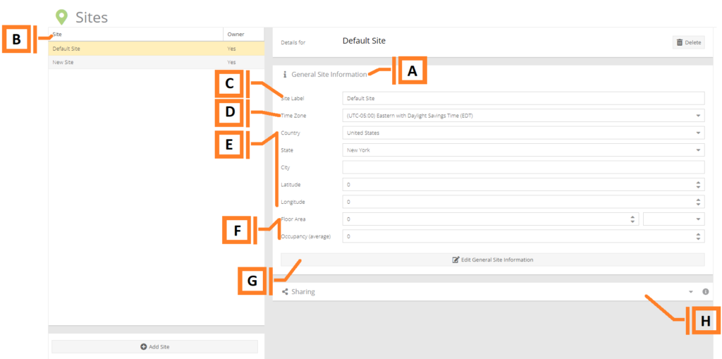 Screenshot for site settings with labels corresponding to table with an description of fields