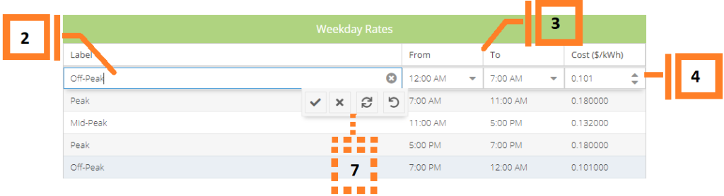 Numbered example how to edit rows of the time of use rate profile.