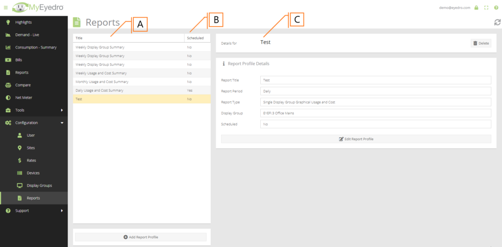 Overview of the Report Settings page within MyEyedro dashboard