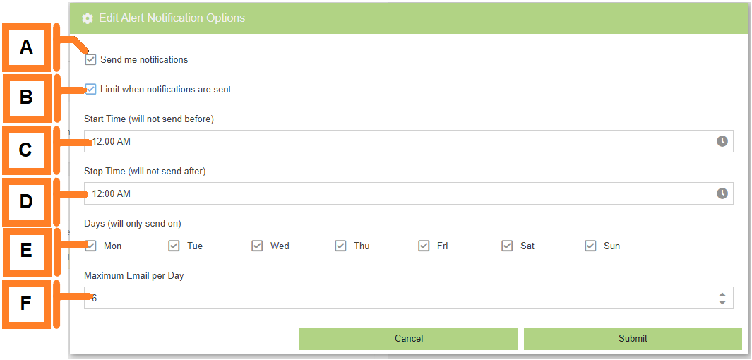 Alert Options Edit Window with labels to match the table