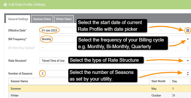 MyEyedro Tiered Time-of-Use general settings tab.  Set number of seasons, billing period and effective date.