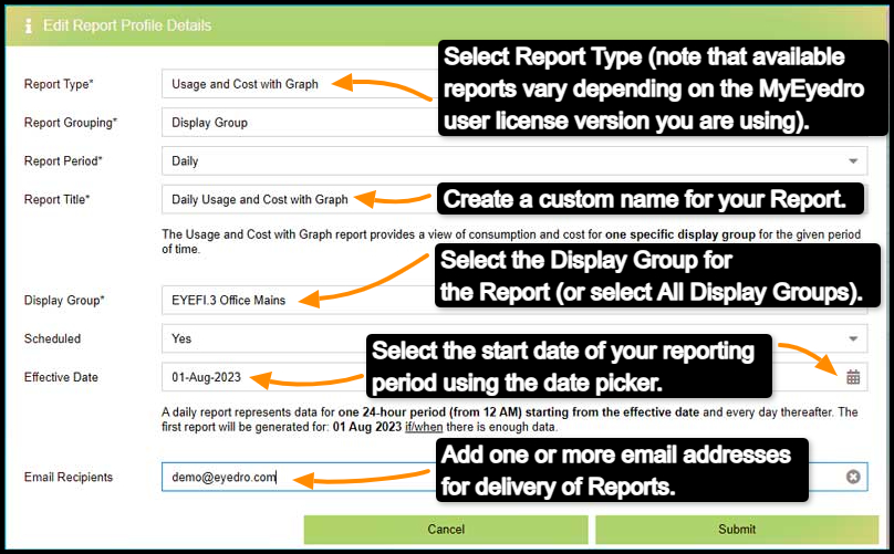 MyEyedro new report configuration options.