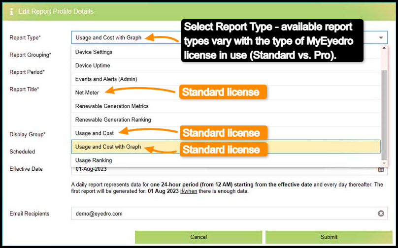 MyEyedro Reports Configuration