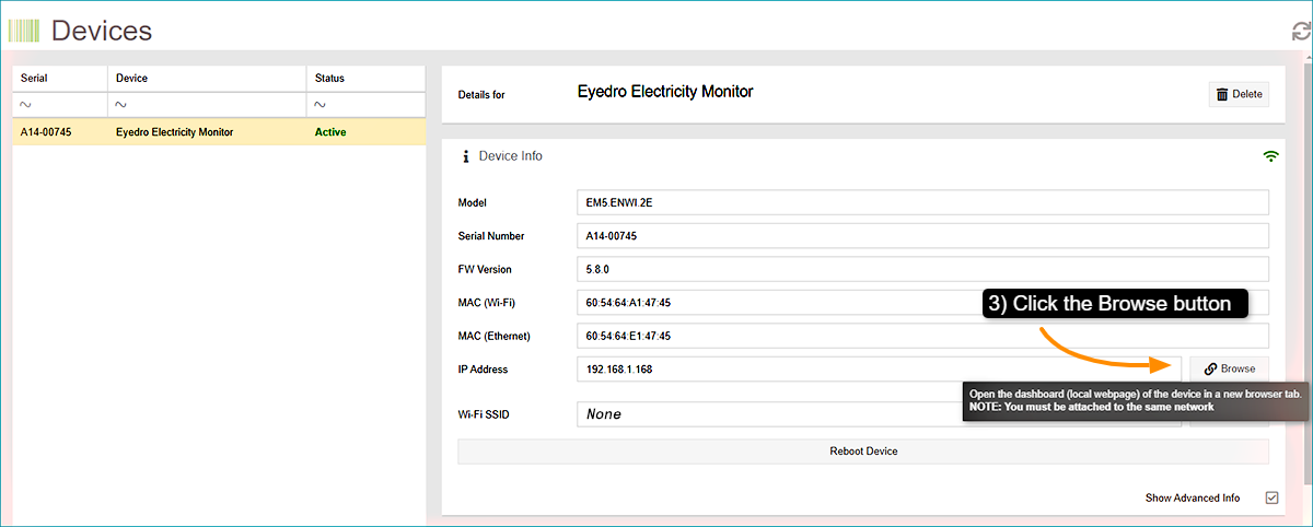 Switching from Ethernet to WIFi with the Browse feature in MyEyedro Step 3