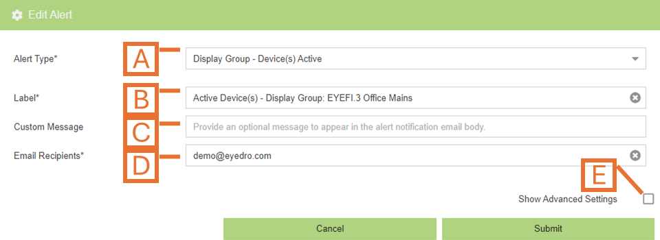 Editor for adding device active or inactive alerts to a display group