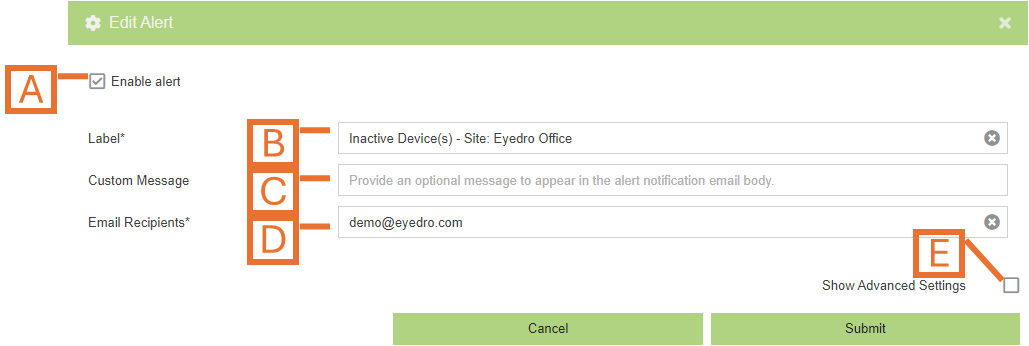 Editor for adding device active or inactive alerts to a site