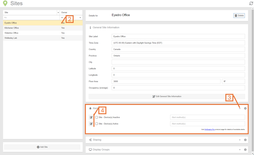 Device active or inactive alerts for a site