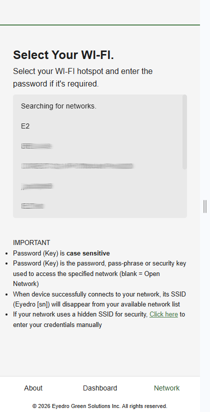 Wi-Fi Setup: Network selection