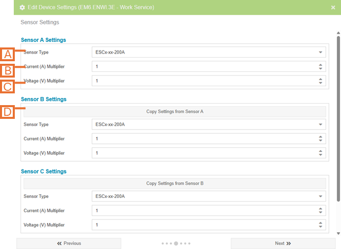 3-Phase Electricity Monitor Settings - Sensor Settings Page