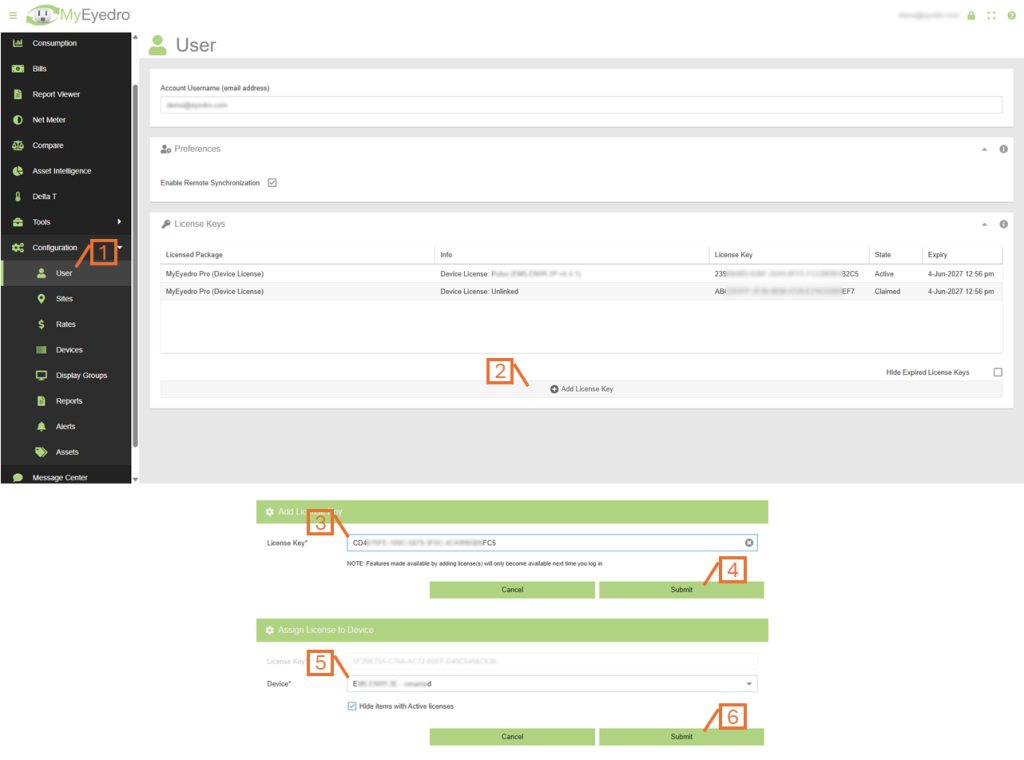 Screenshot of the password change overlay that appears when the user is changing their password. User Config: Add a License Key
