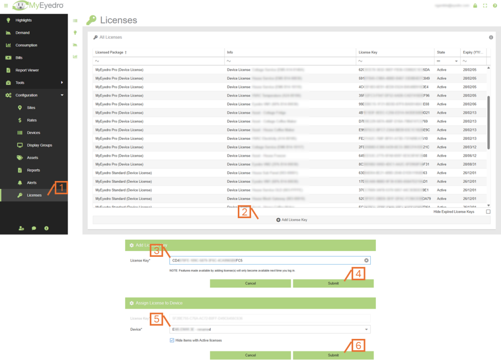 Screenshot of the password change overlay that appears when the user is changing their password. Licenses Config: Add a License Key